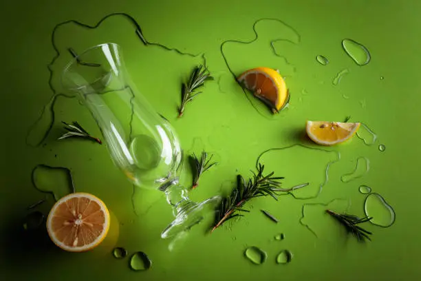 Cocktail gin-tonic with rosemary and lemon on a green background. Top view.