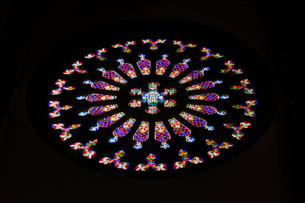 istock Circular shape stained glass window inside Arucas cathedral in Gran Canaria, Spain 1206066153