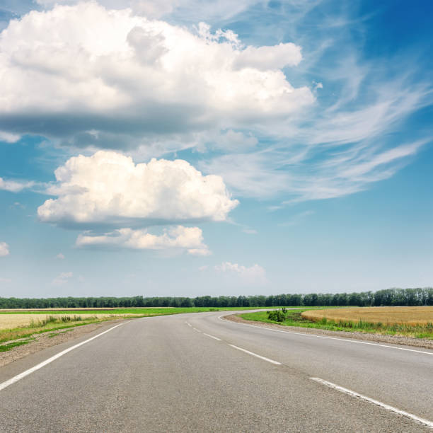 istock asphalt road to horizon and blue sky with clouds over it 1206067247