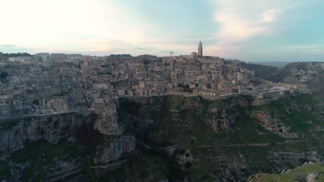 Aerial view of Matera at sunset. 4K