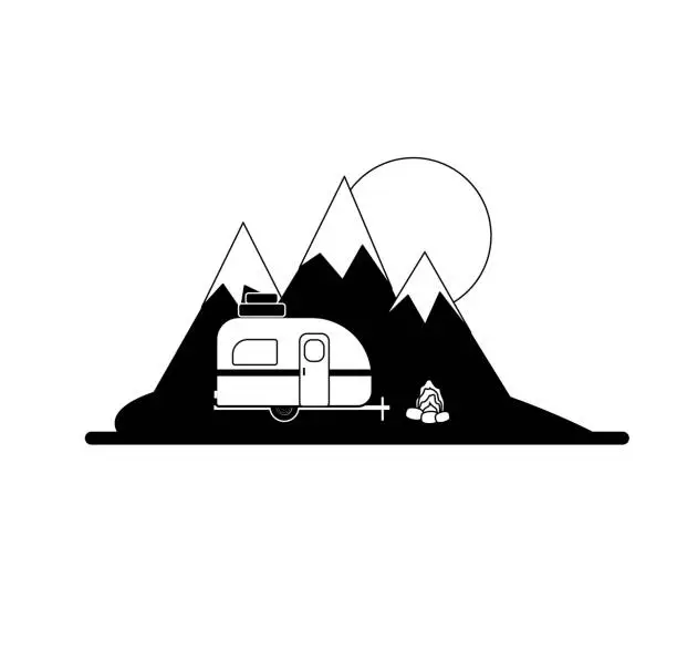 Vector illustration of Black and White Camper Trailer at Mountains