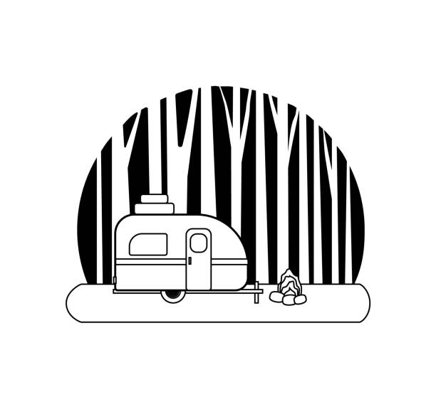 ilustrações, clipart, desenhos animados e ícones de trailer de campista preto e branco na floresta - mobile home camping isolated vehicle trailer