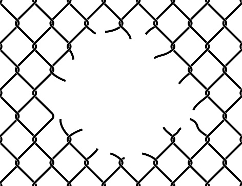 Mesh netting torn. Hole in the center of mesh fence. Vector background