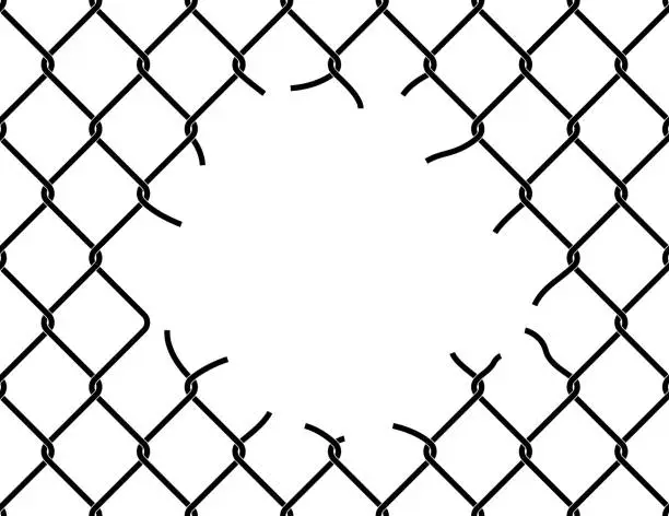 Vector illustration of Mesh netting torn. Hole in the center of mesh fence. Vector background