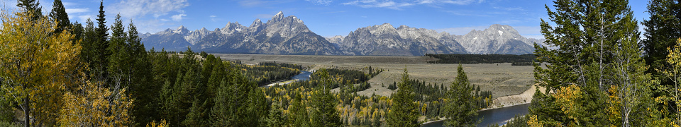 Banner view of the Grand Tetons and Snake River.