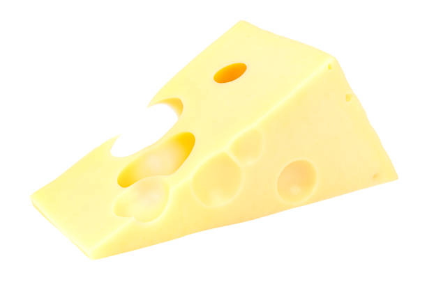 istock Lying triangular piece of Maasdam cheese isolated on a white background 1206070595