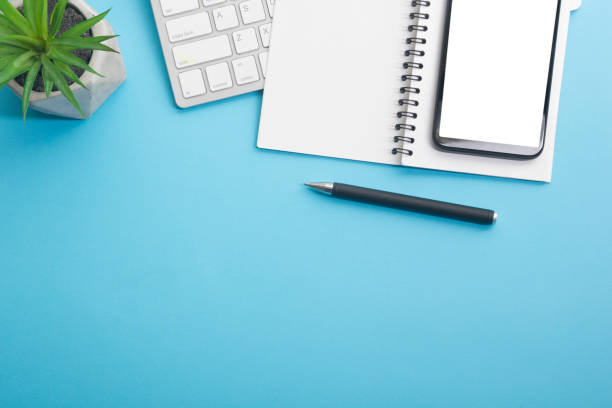 istock Office desk table with supplies. Flat lay Business workplace and objects. Top view. Copy space for text 1206072079