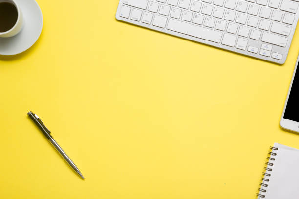 istock Office desk table with supplies. Flat lay Business workplace and objects. Top view. Copy space for text 1206072383