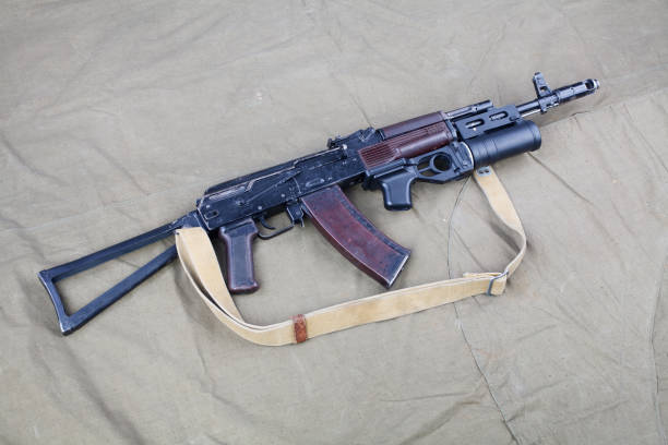 istock Kalashnikov AK 74 with underbarrel grenade launcher on canvas 1206072643