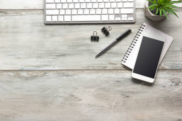 istock Office desk table with supplies. Flat lay Business workplace and objects. Top view. Copy space for text 1206073069