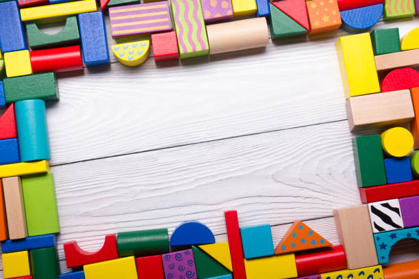 istock Kids educational developing toys frame on white background. Top view. Flat lay. Copy space for text 1206073657