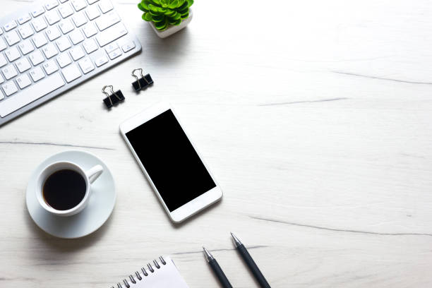 istock Office desk table with supplies. Flat lay Business workplace and objects. Top view. Copy space for text 1206074009