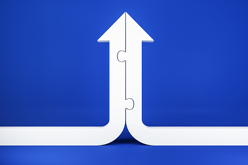 White arrow shape puzzle on blue background. Business idea and challenge concept. 3D Rendering