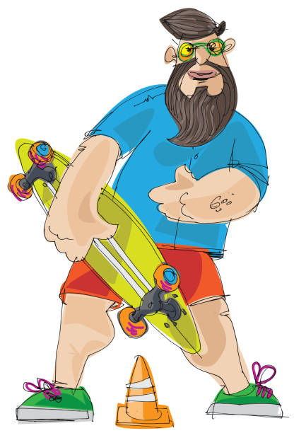 hipster with long board bearded hipster with long board skateboard in his hand. background of the cool guy wearing sunglasses stock illustrations