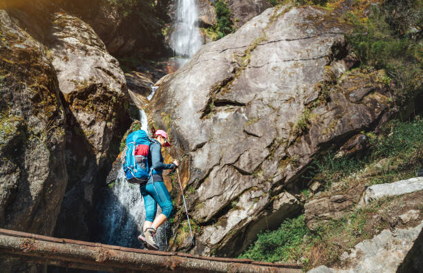 istock Young hiker backpacker woman using trekking poles hiking under the little waterfall on Everest Base Camp trekking route during high altitude Acclimatization walk in Sagarmatha NP, Nepal 1206083249