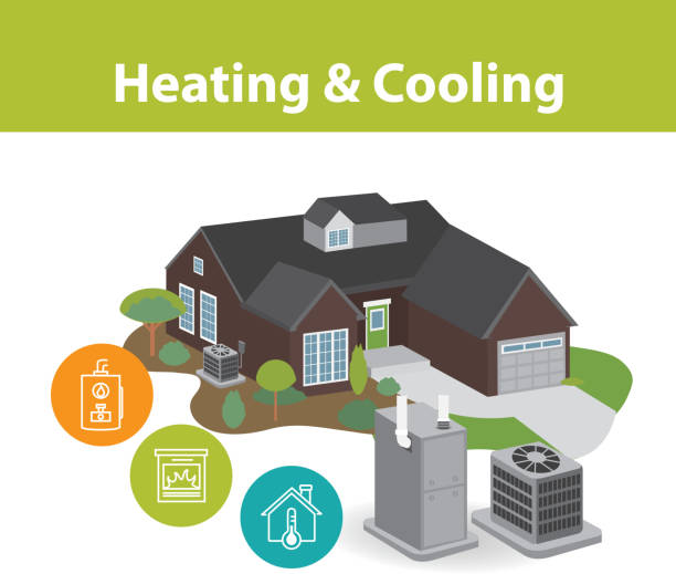 istock Home efficiency Heating and Cooling Infographic design template with 3d home air conditioner and furnace 1206086745