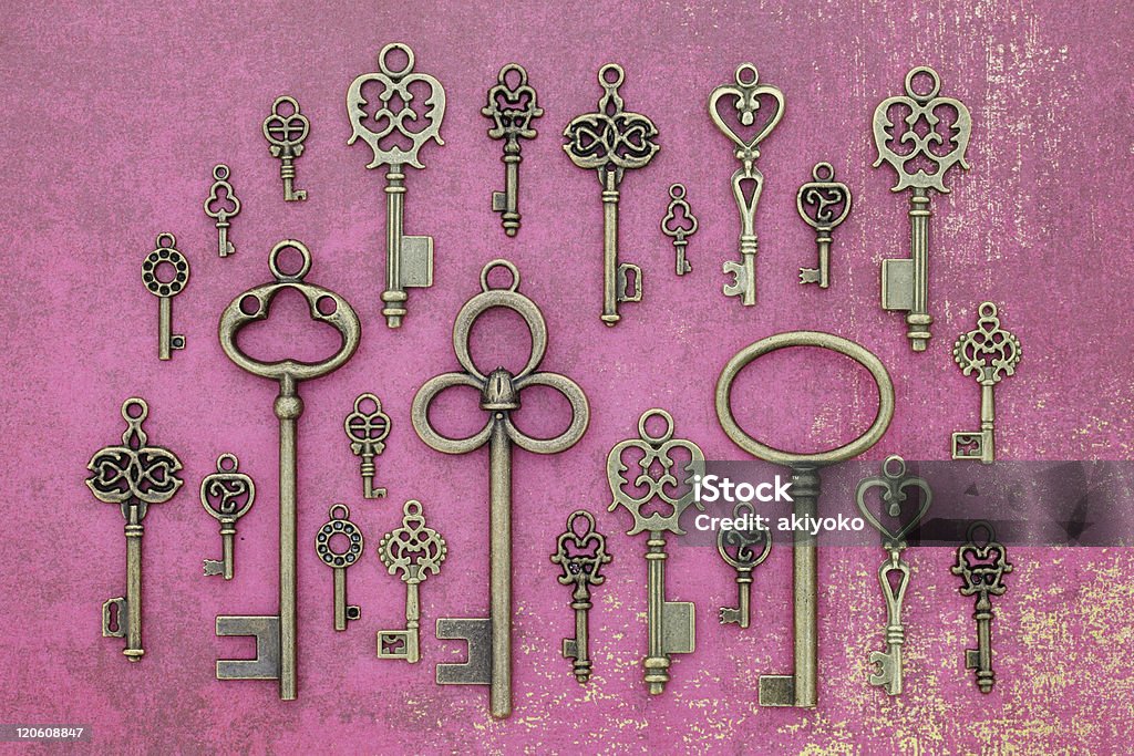 old keys Old keys on vintage paper Aging Process Stock Photo