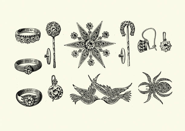 illustrazioni stock, clip art, cartoni animati e icone di tendenza di esempi di gioielli vittoriani, anelli, spilla, orecchino del 1890 - brooch jewelry antique gem