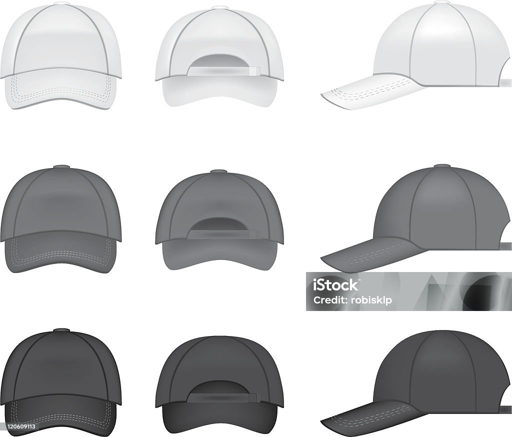 Baseball cap collection Set of baseball caps, three different colors and from all angles Baseball - Sport stock vector