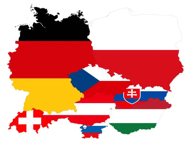 Vector illustration of Map of Central Europe countries with national flag on white background