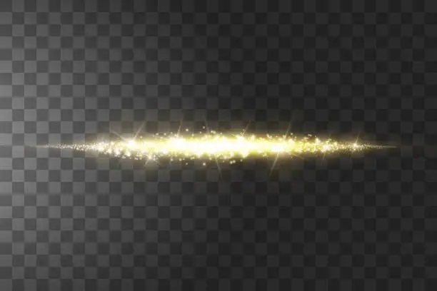 Vector illustration of Glow isolated golden transparent effect, lens flare, explosion, glitter, line, sun flash, spark and stars. For illustration template art design, banner for Christmas celebrate, magic flash energy ray. Creative concept.