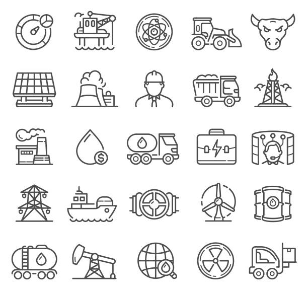 ilustrações de stock, clip art, desenhos animados e ícones de industry line icons. nuclear, transportation, sun battery and business symbols - water pumping windmill