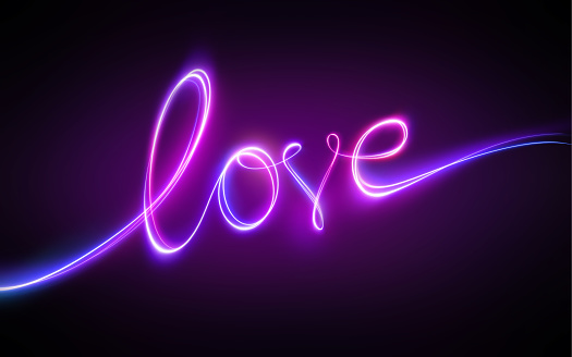 violet neon love lettering isolated on black. Glowing line art, light drawing, handwritten word, ultraviolet text. Romantic background for Valentine day