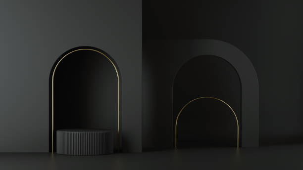 istock 3d render, abstract minimalist black background. Empty cylinder podium, vacant pedestal, round stage, showcase stand, product display, golden arch, expo platform. Copy space. Modern premium design 1206097435