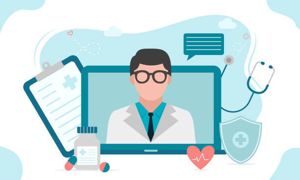 온라인 의료 상담 또는 의사 온라인 개념 . 의료 앱 및 웹 사이트에 대한 개념입니다. 플랫 벡터 그림입니다. - doctor stock illustrations