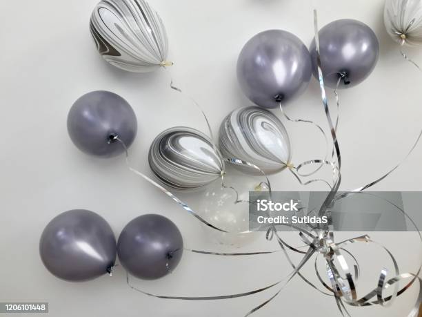 Gray Colored Balloon For Decoration In The Party Stock Photo - Download Image Now - Gray Color, Silver Colored, Balloon