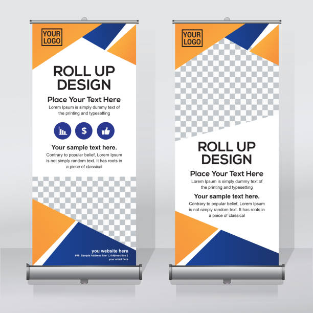 Roll up banner design template, abstract background, pull up design, x-banner, rectangle size. Roll up banner for your company or business, vector file, high quality, clean, creative, easy to edit, modern design x-banner, roller hoisting stock illustrations