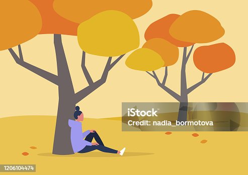 istock Young female character sitting under the tree, autumn outdoor leisure, hiking 1206104474