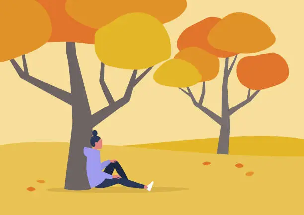 Vector illustration of Young female character sitting under the tree, autumn outdoor leisure, hiking