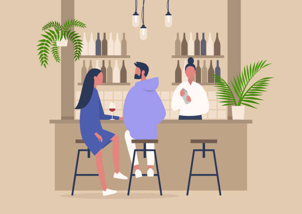 Wine bar scene, a bartender and two customers, relaxing atmosphere, interior design Wine bar scene, a bartender and two customers, relaxing atmosphere, interior design bartender illustrations stock illustrations