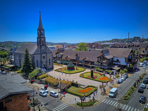 Aerial view of a sunny day and blue sky of the city of Gramado, Serra Gaúcha, Rio Grande do Sul, Brazil. Highlight for St. Peter's Parish.