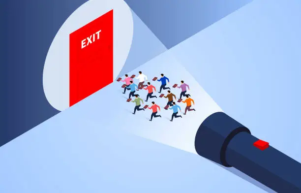 Vector illustration of Flashlight helps a group of businessmen find the exit
