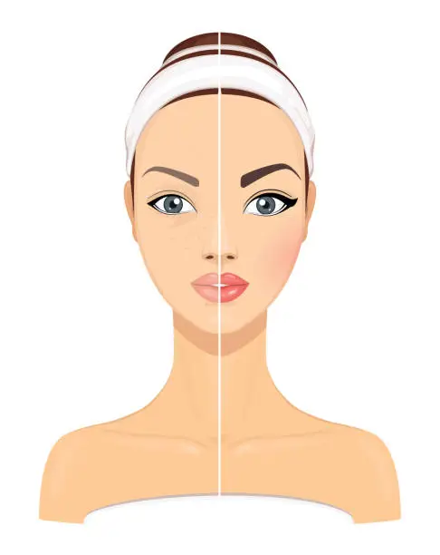 Vector illustration of Comparison Side by Side Portrait of a Young Beautiful Girl Without and With Makeup on a White Background. Vector Illustration