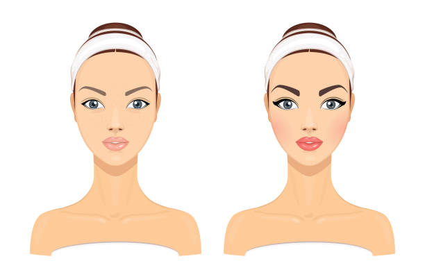 ilustrações de stock, clip art, desenhos animados e ícones de comparison portrait of a young beautiful girl without and with makeup on a white background. vector illustration - blush