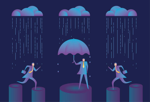 ilustrações de stock, clip art, desenhos animados e ícones de an umbrella man and two men running in the rain stock illustration - umbrella men business businessman