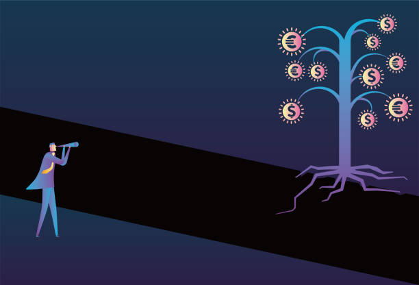 Find the money tree by the cliff stock illustration Cliff, Money Tree, Binoculars, Telescope, Hand-Held Telescope,Forecasting, Businessman, currency chasing discovery making money stock illustrations