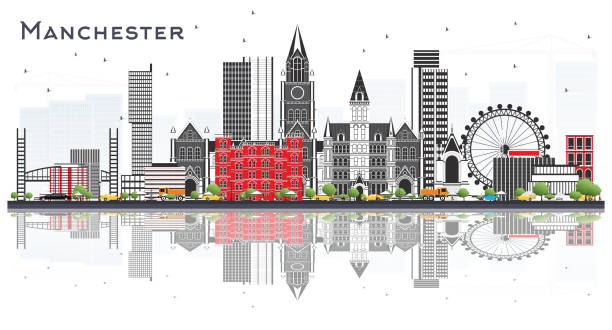 manchester i̇ngiltere city skyline gri binalar ve yansımalar beyaz izole ile. - manchester stock illustrations