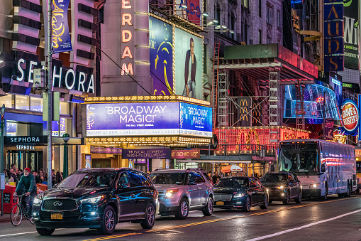 This is a night scene of billboards and advertisements on Broadway in Times Square on October 11, 2019 in New York