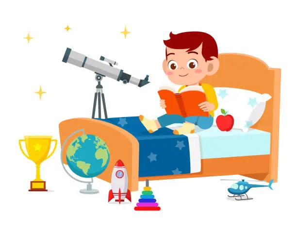 Vector illustration of happy cute little kid boy read book in bed room