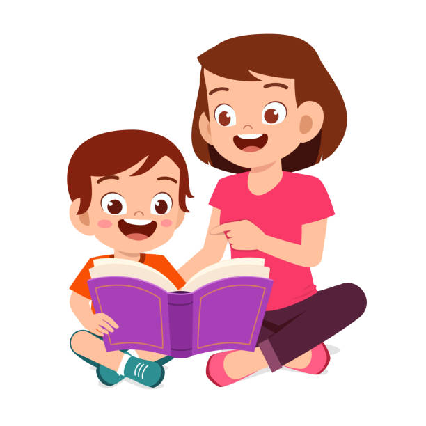ilustraciones, imágenes clip art, dibujos animados e iconos de stock de niño lindo feliz leer libro con mamá - child book reading offspring