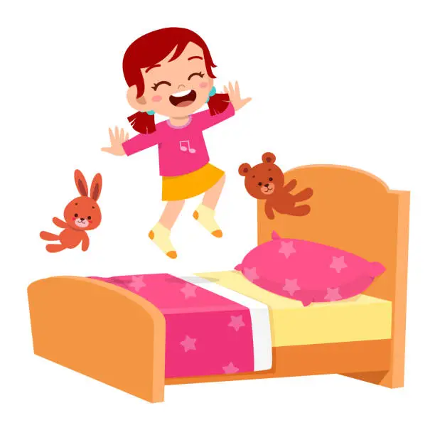 Vector illustration of happy cute little kid girl jump on bed room