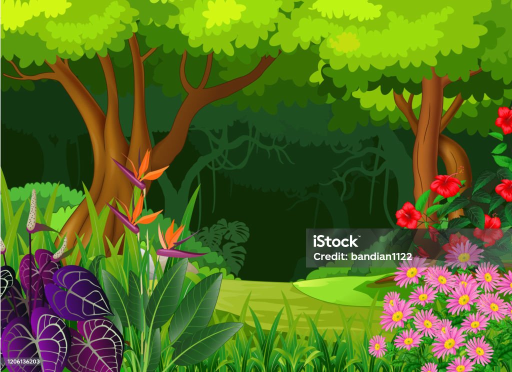 Ilustración de Vista Al Bosque Con Árboles Y Dibujos Animados De Flores De  Hiedra y más Vectores Libres de Derechos de Cómic - iStock