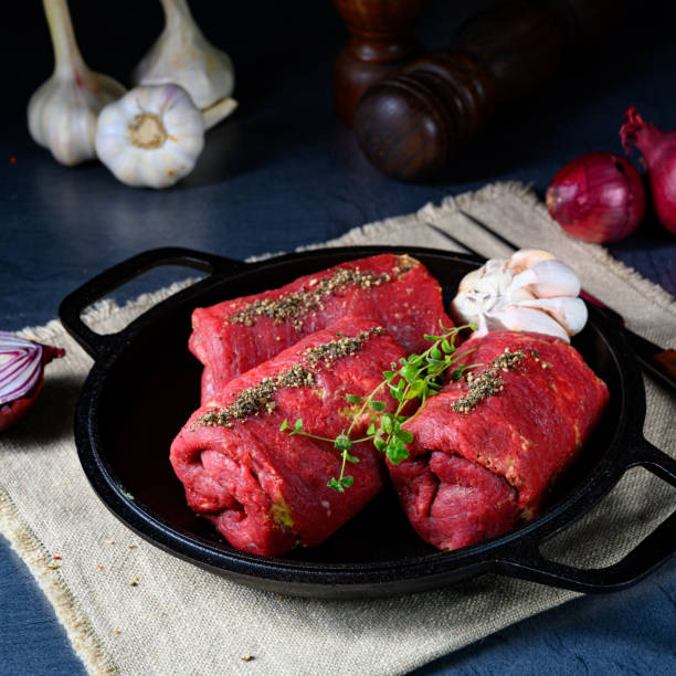 raw beef roulades prepared for cooking