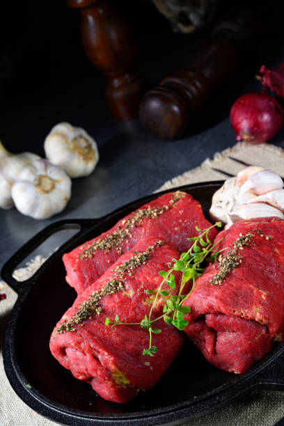 raw beef roulades prepared for cooking