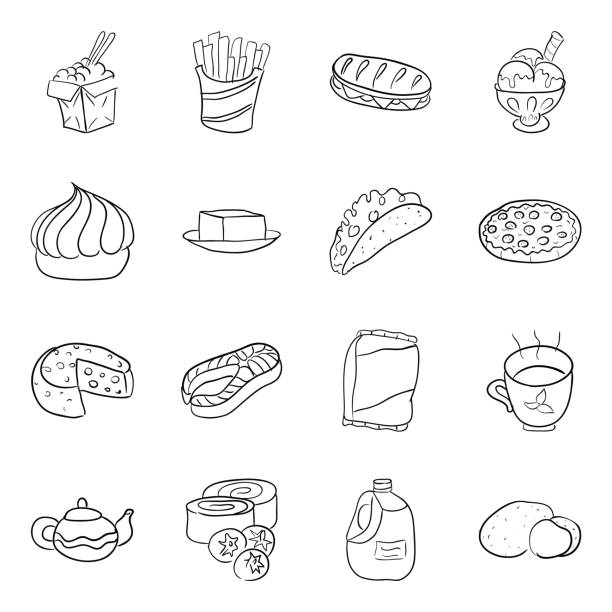 packung fast food doodle icons - kartoffelknödel essen stock-grafiken, -clipart, -cartoons und -symbole