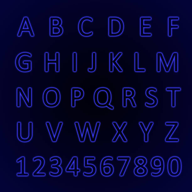 istock Glowing neon alphabet with letters from A to Z and numbers from 1 to 0. Trend color - phantom blue. 1206142733